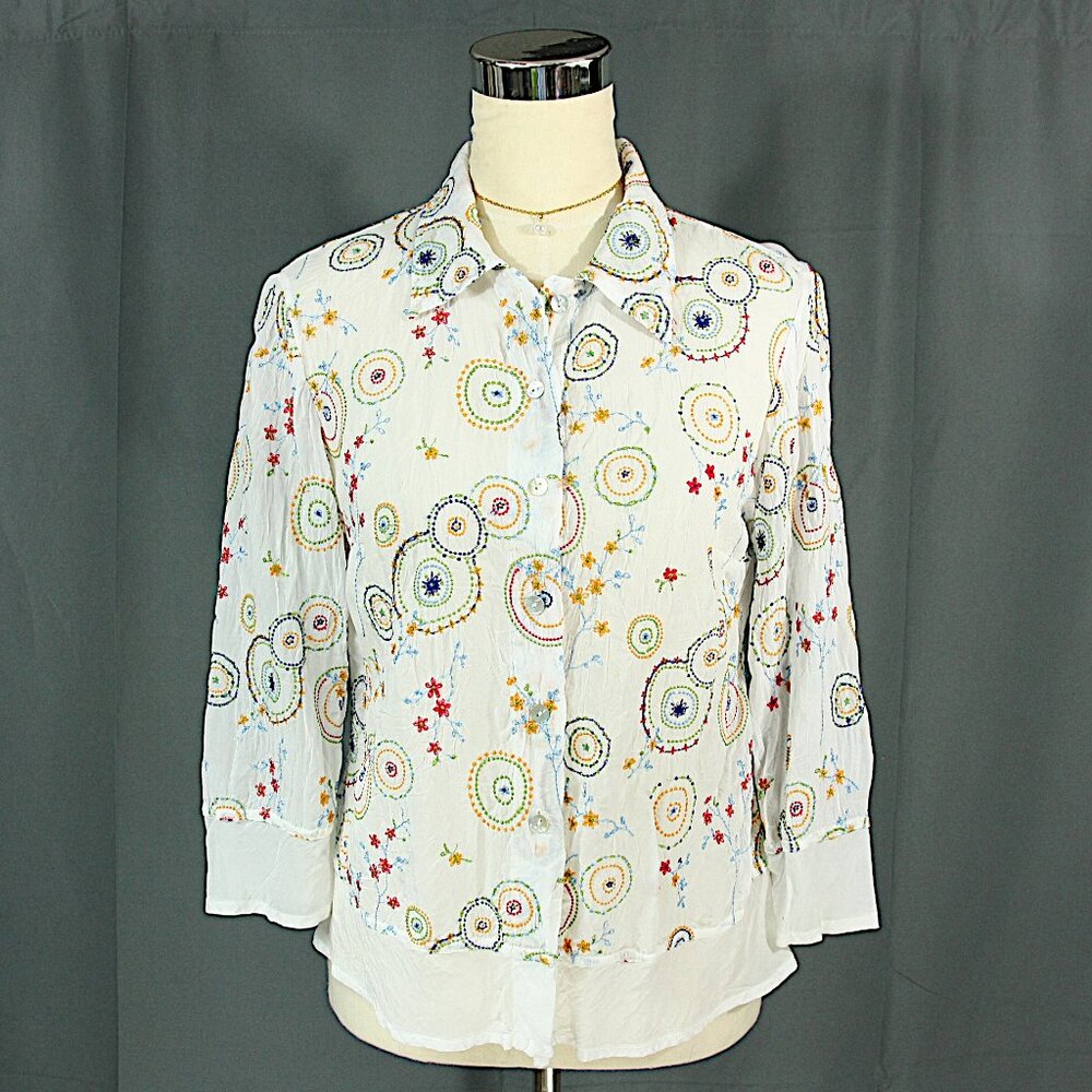 Russ Berens Floral Geometric Embroidered Semi Sheer Long Sleeve Shirt Blouse S